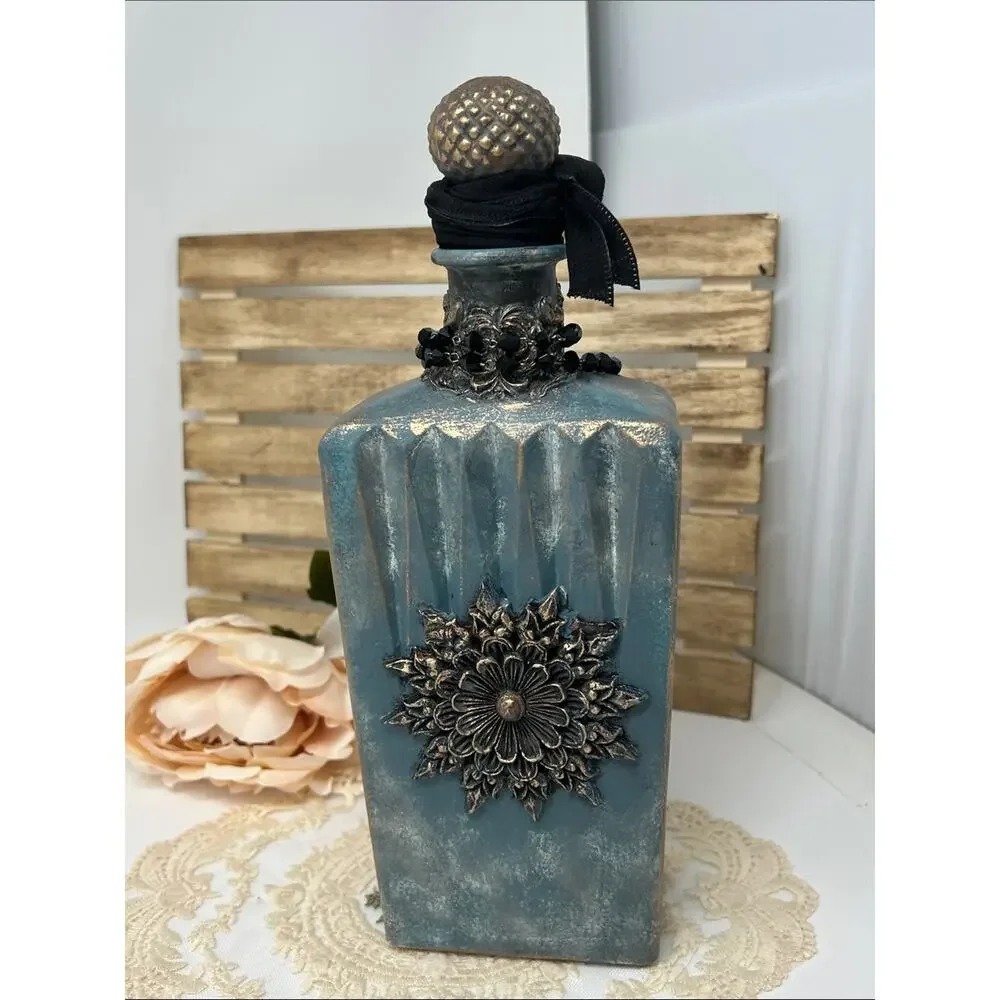 Handcrafted Fairy Art Décor Bottle in Teal with Black Beaded Accent